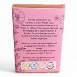 Dos de l’emballage du Savon Rose Églantine avec description de fabrication artisanale et ingrédients naturels.