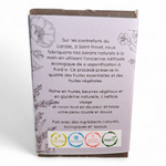 Dos de l’emballage du Savon Lavande Sauvage avec description de fabrication artisanale et ingrédients naturels.