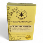 Face avant du Savon Lemongrass et Romarin, savon naturel saponifié à froid à l’huile de chanvre bio.