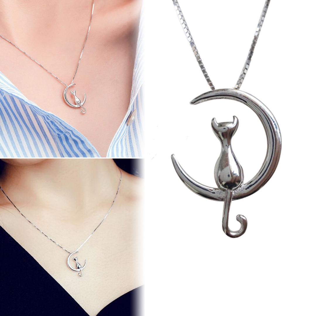 Mode-Chat-Lune-Pendentif-Charme-Collier-En-Argent-Or-Couleur-Lien-Cha-ne-Collier-Pour-Animaux