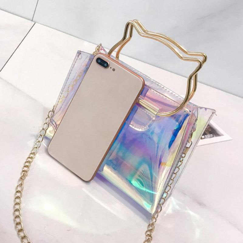 Femmes-Chat-Poign-e-Laser-Hologramme-paule-Sac-Cha-ne-Effacer-Haute-Qualit-Jelly-Messenger-Sacs