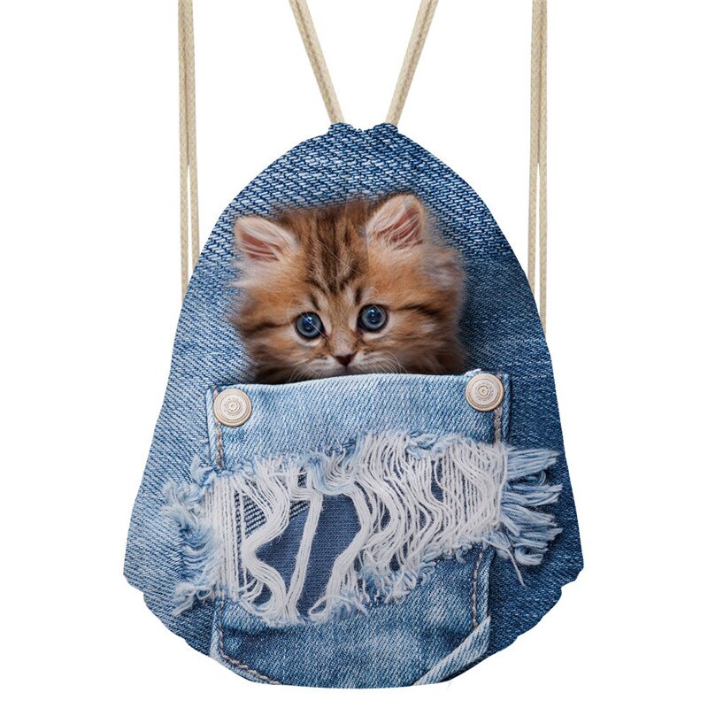 FORUDESIGNS-3D-bleu-Denim-poche-motif-sacs-cordon-pour-les-femmes-mignon-Animal-chat-stockage-Softback