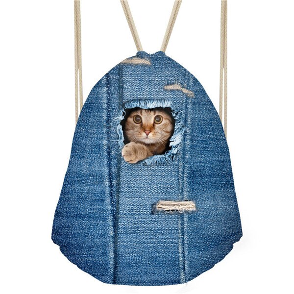 FORUDESIGNS-3D-bleu-Denim-poche-motif-sacs-cordon-pour-les-femmes-mignon-Animal-chat-stockage-Softback