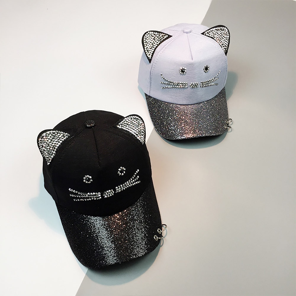 Femme-mignon-chat-oreille-Sequin-anneau-casquette-de-Baseball-chapeau-Hip-Hop-plat-chapeau-gorras-para