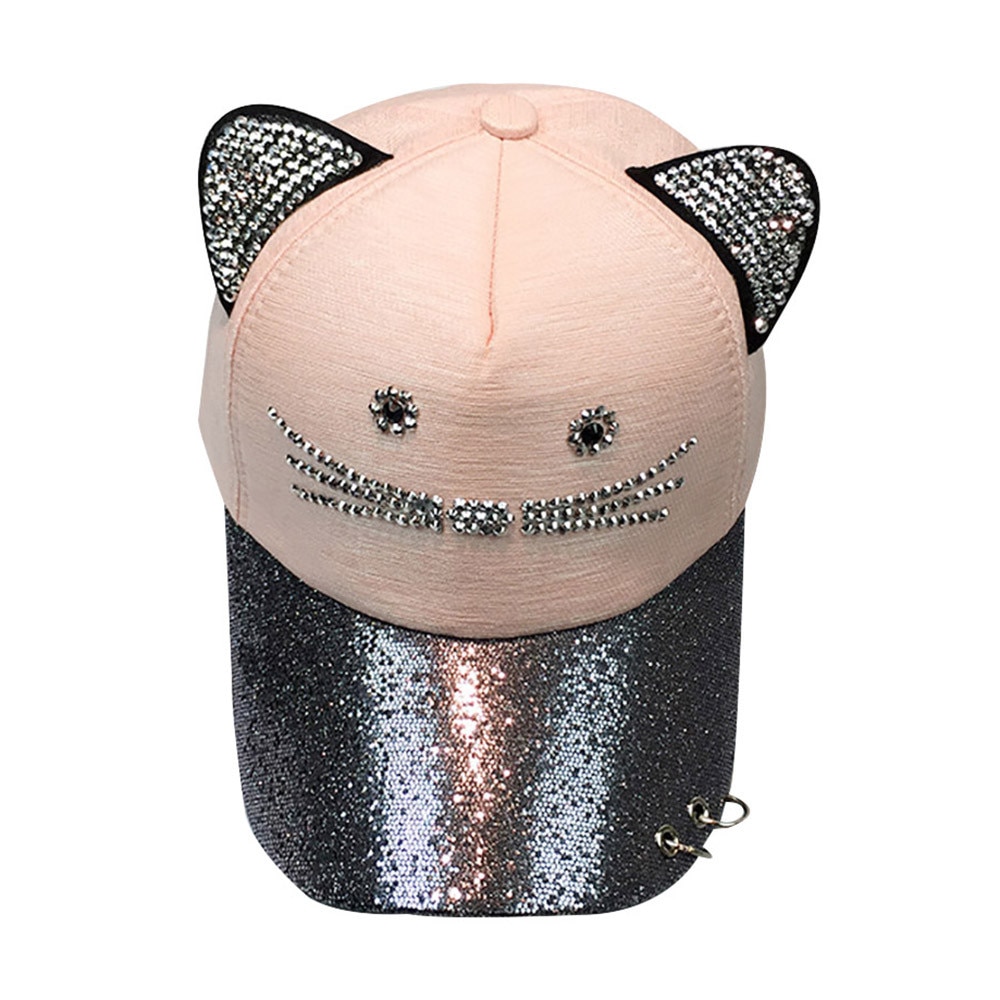 Femme-mignon-chat-oreille-Sequin-anneau-casquette-de-Baseball-chapeau-Hip-Hop-plat-chapeau-gorras-para