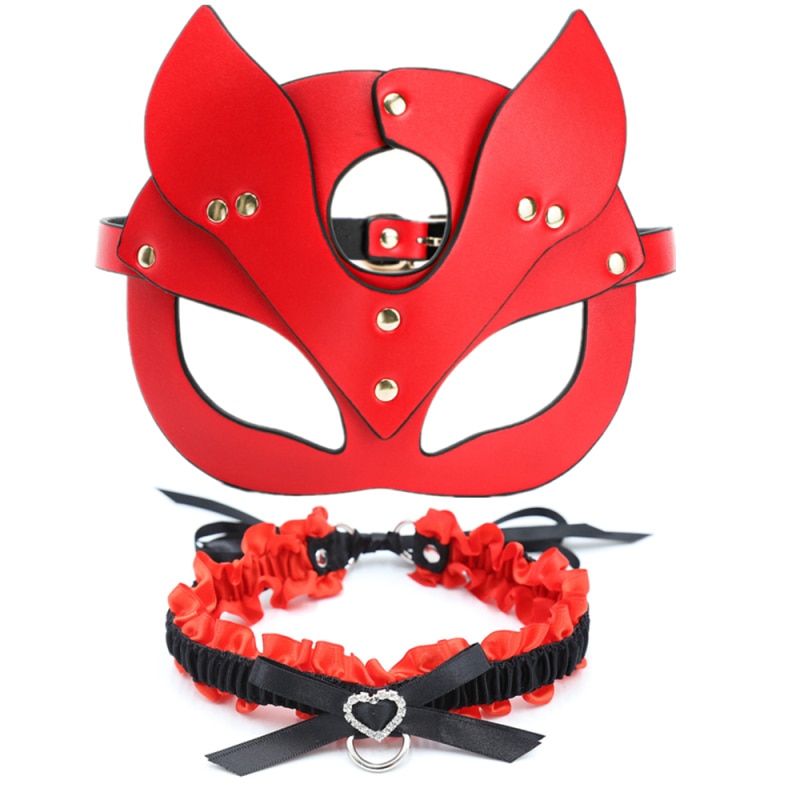 Masque BDSM Chat rouge et son collier assorti