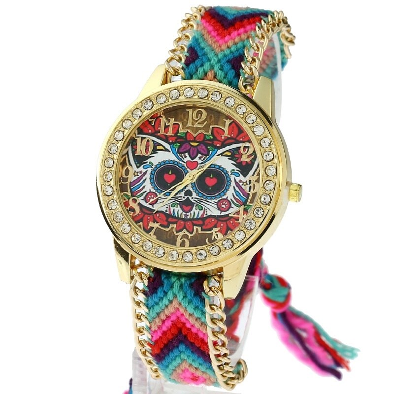 Gnova-montre-ethnique-platine-pour-femmes-Vintage-pays-des-merveilles-chat-strass-cadran-mode-dentelle-tress
