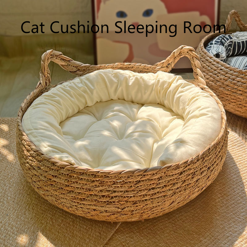Panier Tressé Pour Chat Avec Coussin - 35x35x13 Cm - Lit Confortable Intérieur/Extérieur - Pour Chatons Et Petits Chiens