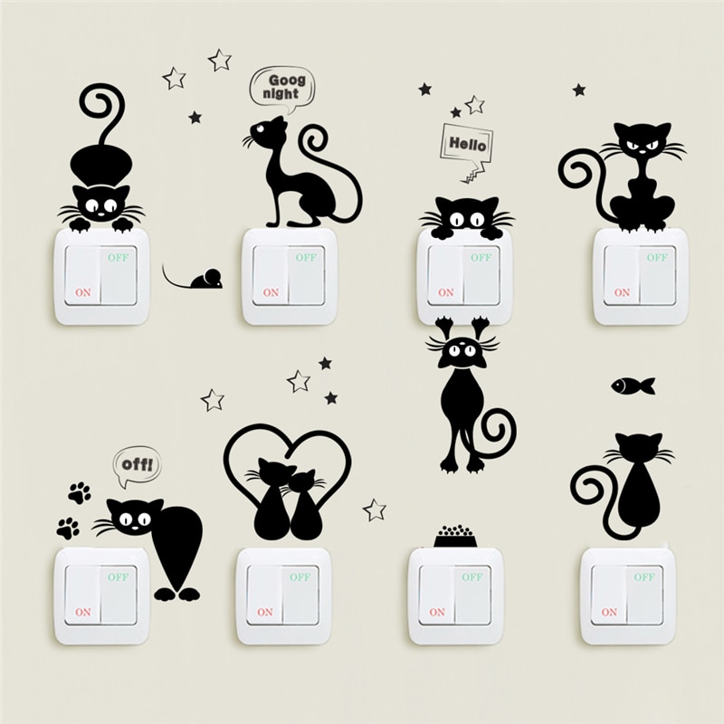 Belle-Chat-Lumi-re-Interrupteur-T-l-phone-Stickers-Muraux-Pour-Enfants-Chambres-Bricolage-D-coration