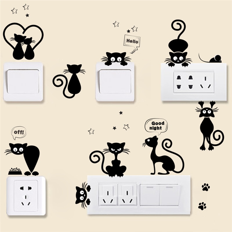 Belle-Chat-Lumi-re-Interrupteur-T-l-phone-Stickers-Muraux-Pour-Enfants-Chambres-Bricolage-D-coration