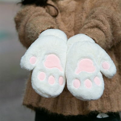 Femmes-tudiant-hiver-floue-en-peluche-pleine-doigt-gants-mignon-dessin-anim-chat-patte-couleur-unie