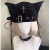 Harajuku-Punk-gothique-chat-oreille-croix-noir-b-ret-chapeau-femmes-d-contract-Rock-lacets-seau