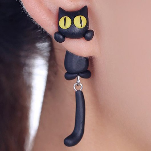 Boucles D'oreilles Chat En émail Noir Sur Argenté - Modèle Rétro Rare #1633 - Occasion En état Impeccable