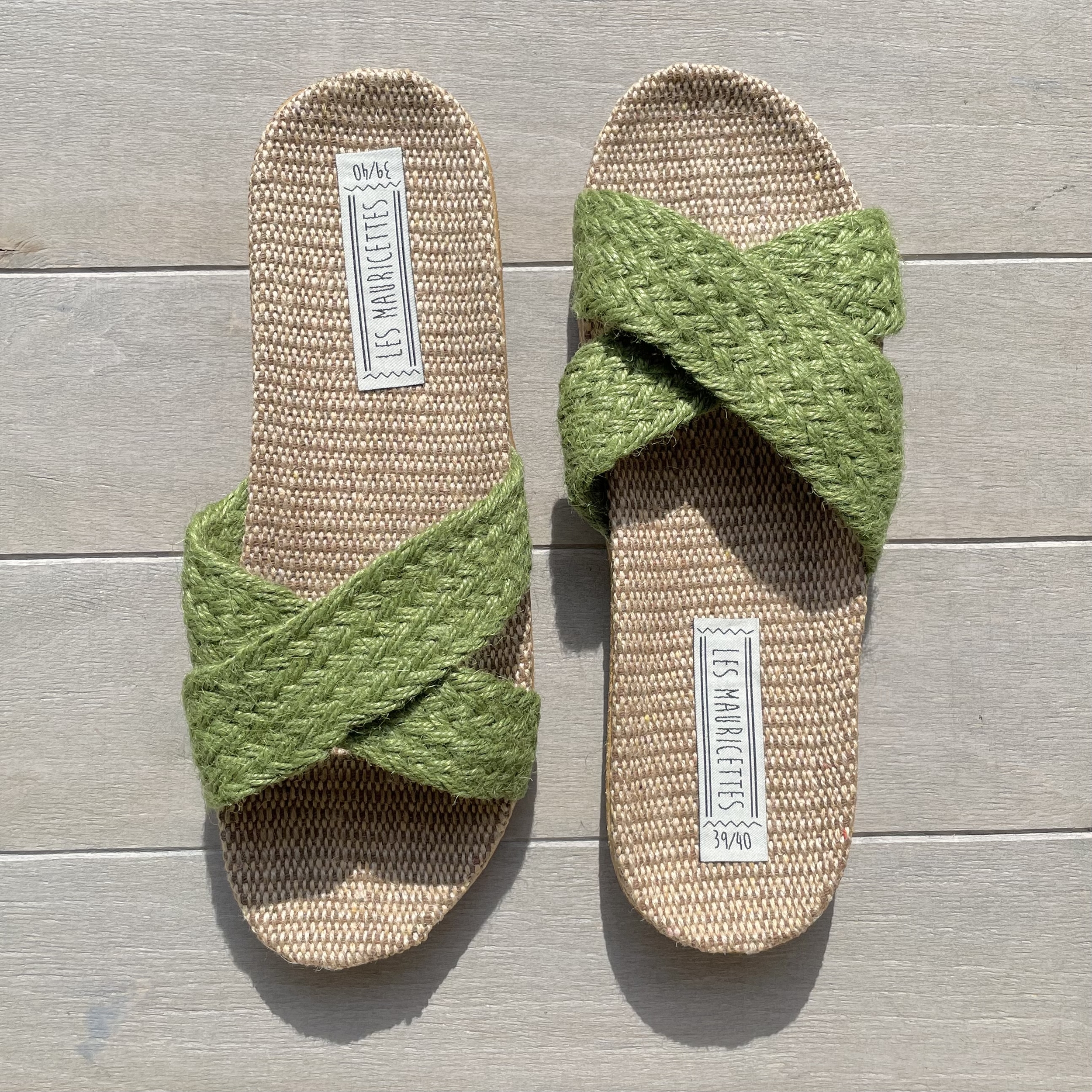 Les Mauricettes de Suzon, sandales en corde vertes de vacances