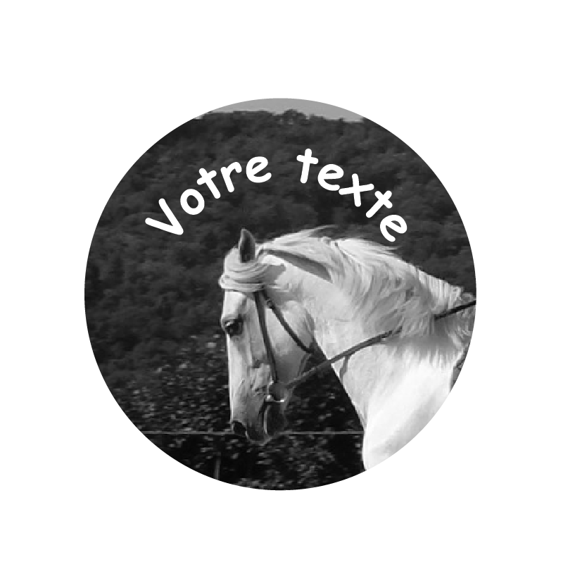 Badge 38 mm photo cheval et texte N&amp;B