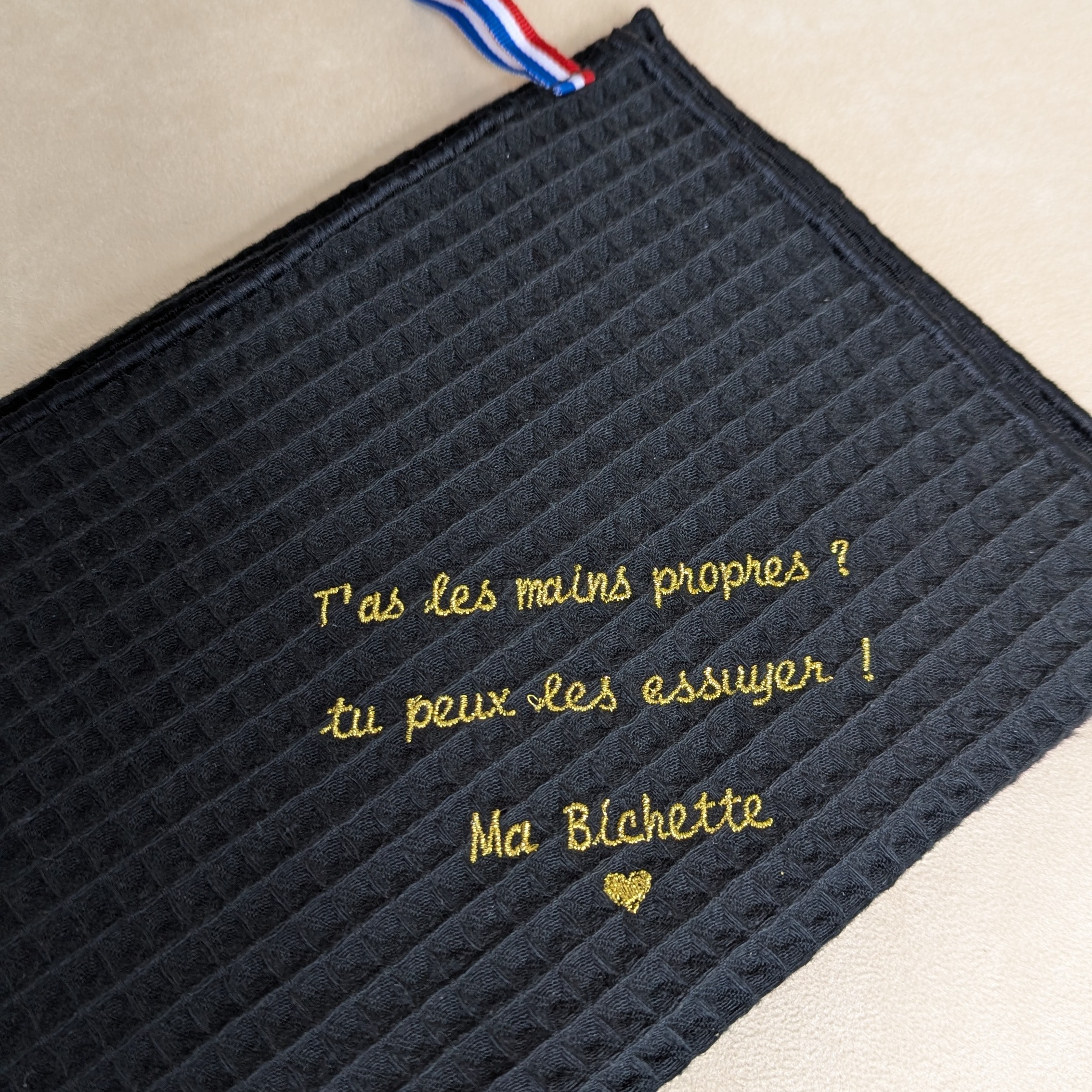 Torchon en coton noir nid dabeille Alex Doré Paris Personnalisable Bichette