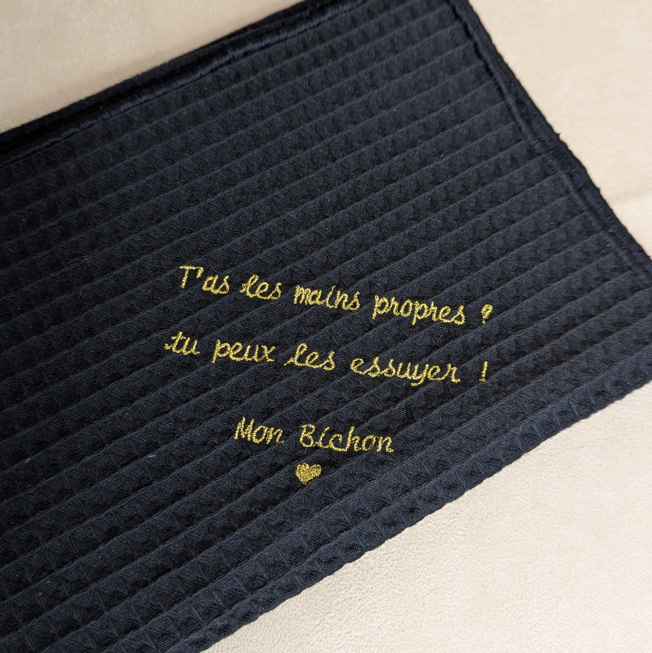 Torchon en coton noir nid dabeille Alex Doré Paris Personnalisable Bichon
