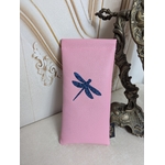 Etui Lunettes simili cuir rose pâle motif libellule glitter bleu Alex Doré Paris