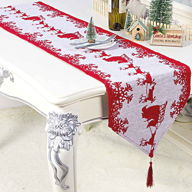 Chemin De Table Noël - 183x33 Cm - Rouge, Motifs Sapins Et Flocons - Décoration De Table Festive
