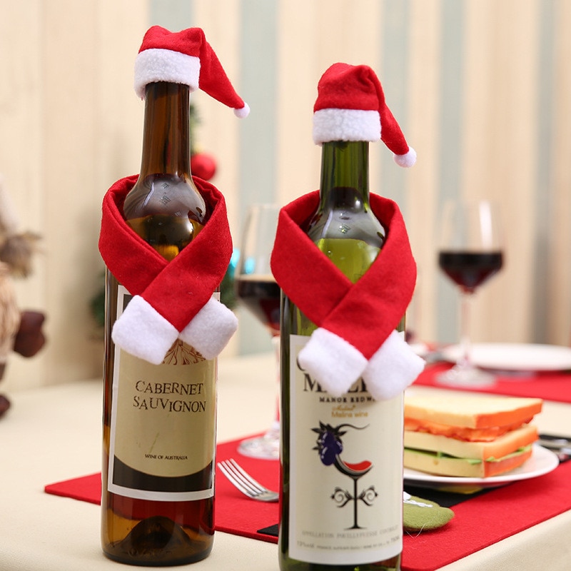 Lot De 2 Housses De Bouteille De Vin De Noël - Décoration Rouge En Lin Pour Fêtes, Cadeau Festif