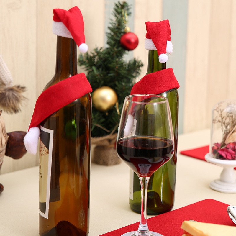 Housse de bouteille de vin rouge Père Noël avec cordon de serrage pour décoration de table de fête de Noël L Lot de 4 