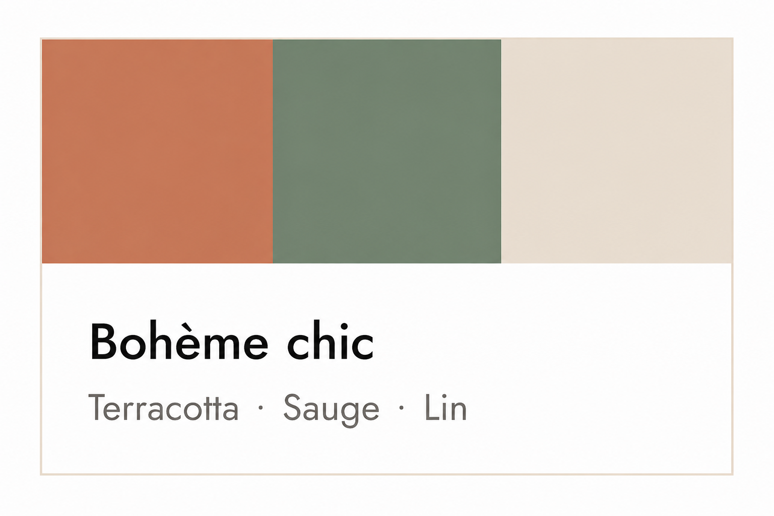 Palette de couleurs bohème chic : terracotta, sauge et lin pour décoration chaleureuse