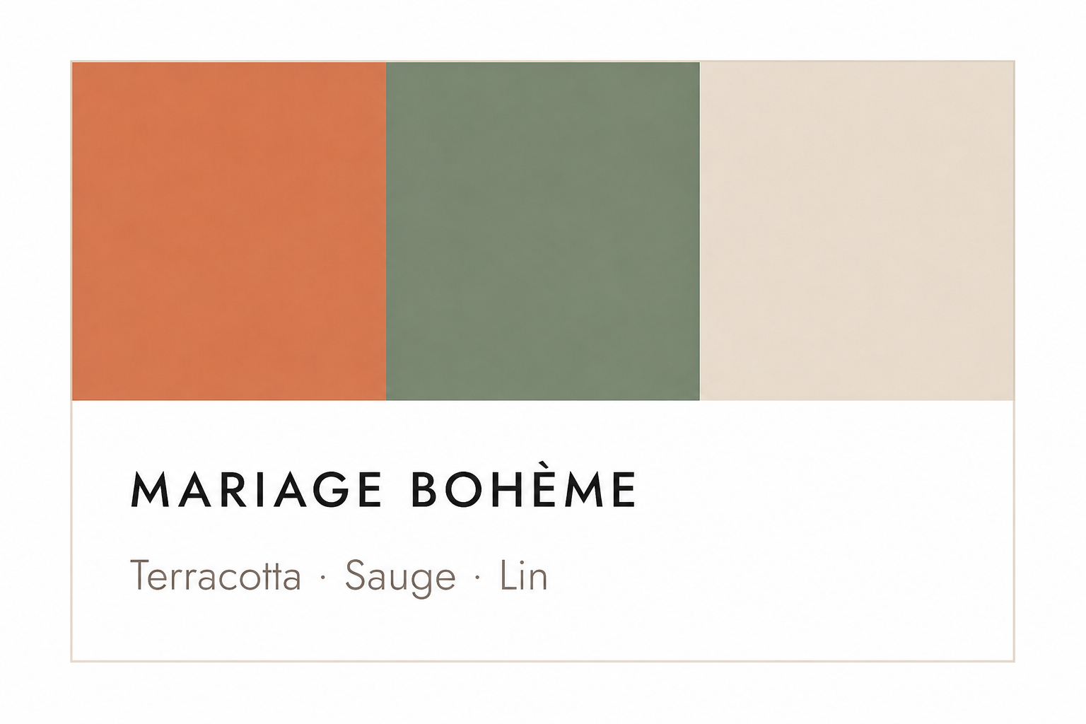 Palette de couleurs mariage bohème : terracotta, sauge et lin