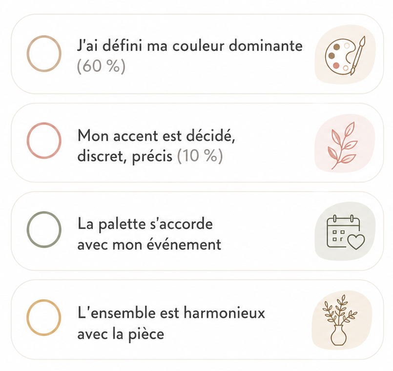 Checklist palette de couleurs décoration de table