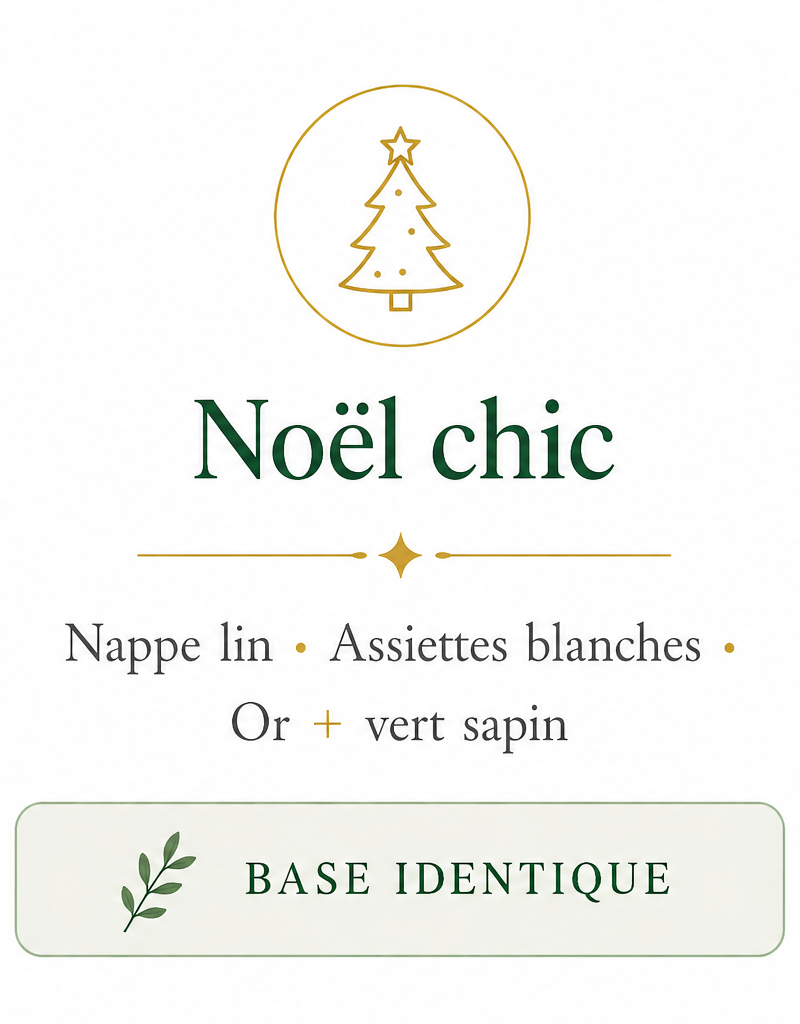 Carte Noël chic décoration table vert et or