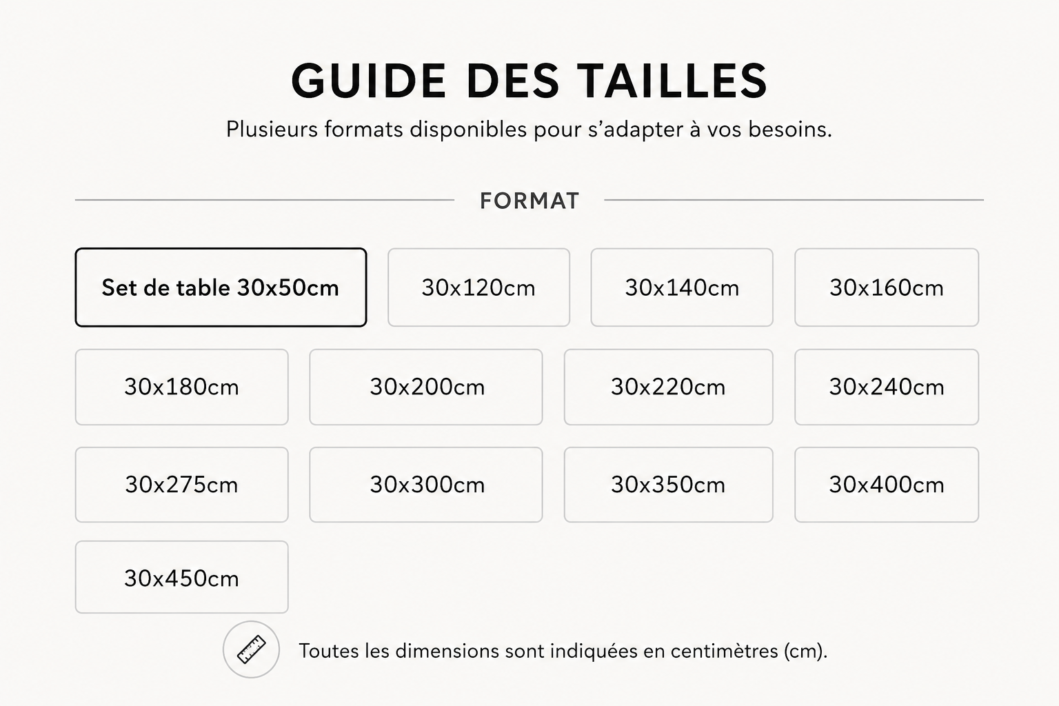 Guide des tailles du produit