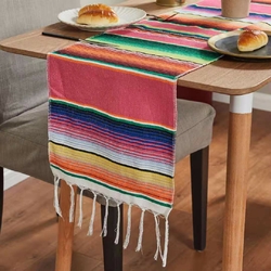 Chemin De Table Mexicain 35x215 Cm - Rayé, Avec Pompons, Coton/polyester, Pour Fête Ou Déco Quotidienne