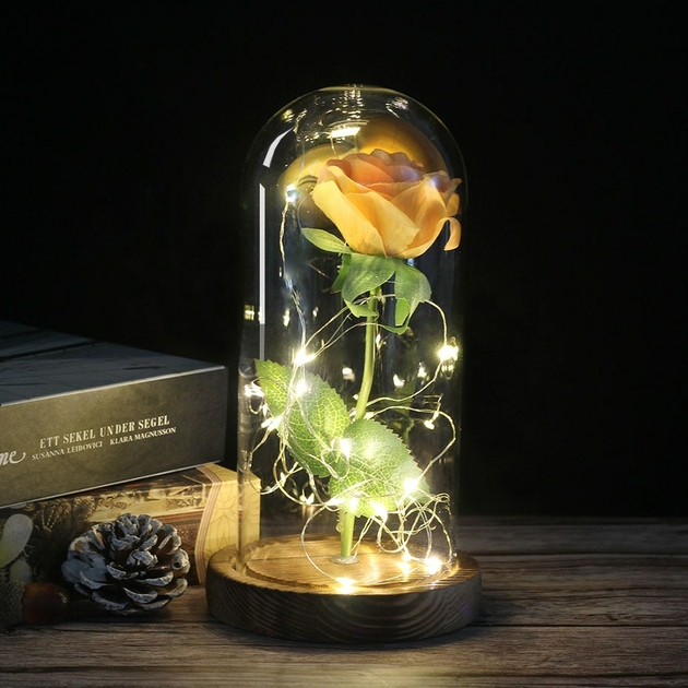 Rose éternelle Sous Cloche Lumineuse LED – Base Bois – Cadeau Romantique Saint-Valentin, Fête Des Mères, Anniversaire – RGB