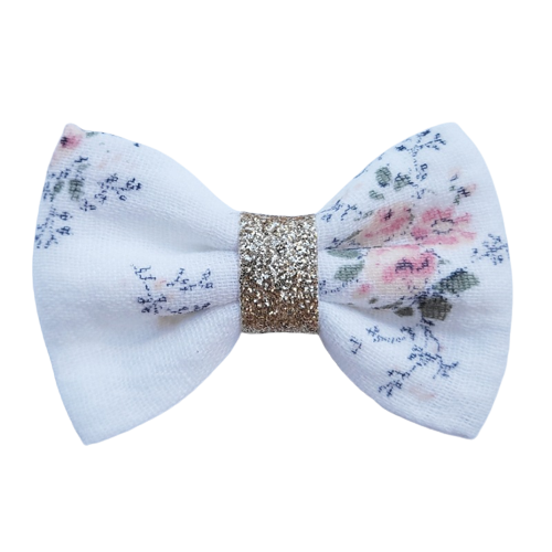 Barrette anti glisse double gaze coton blanc motif fleur romantique int or