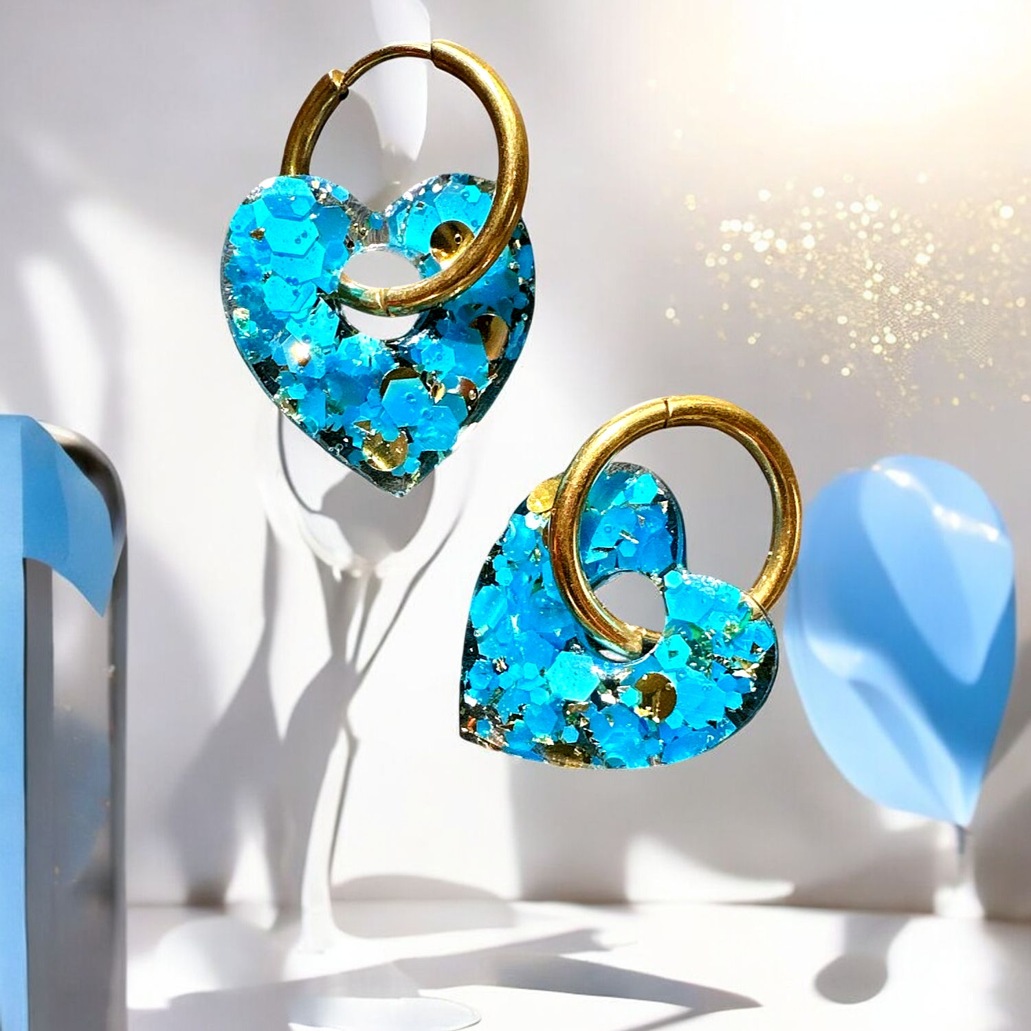 Boucles d'oreilles Cœur en résine pailletées acier inoxydable – Fait main