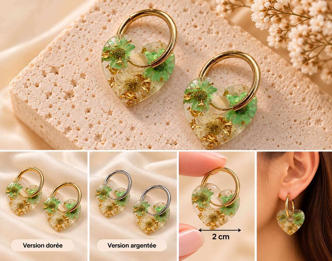 Boucles d'oreilles cœur floral vert et doré