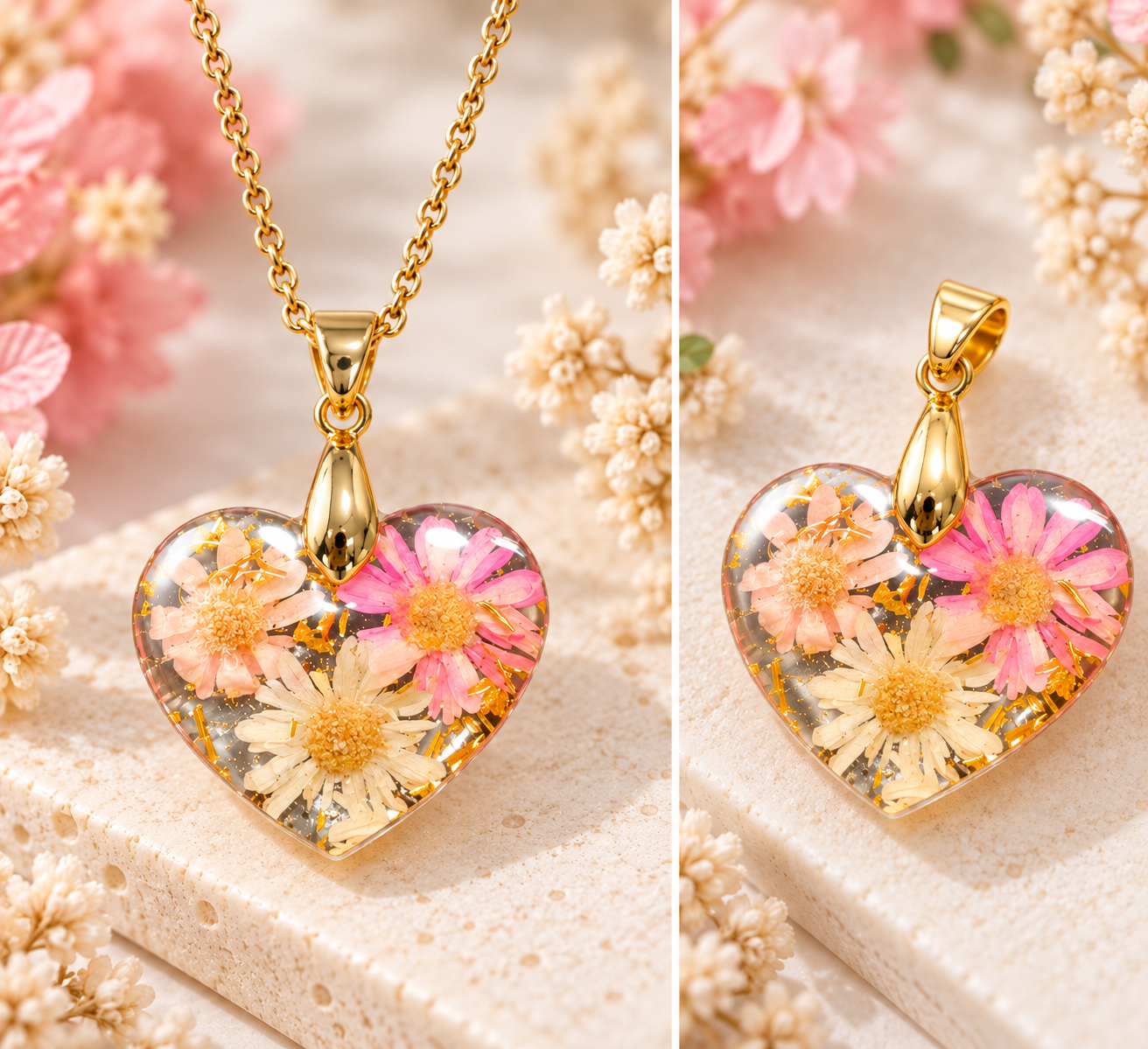 Pendentif cœur floral en résine avec fleurs roses et crème