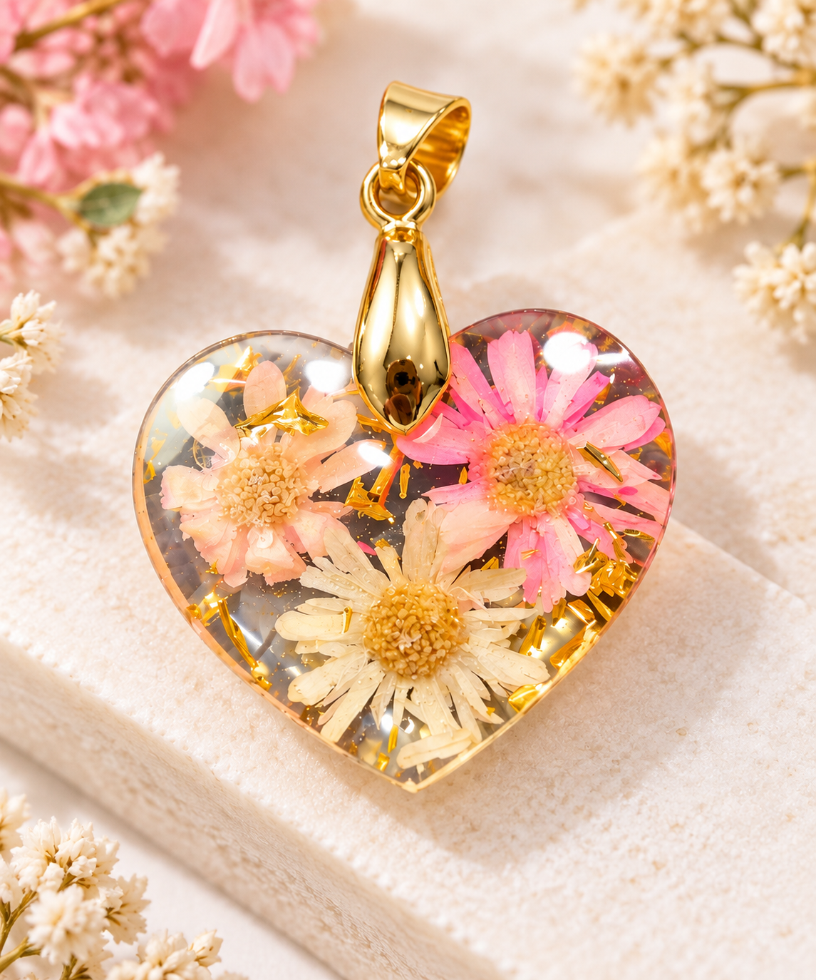 Pendentif cœur fleuri en résine avec touches dorées