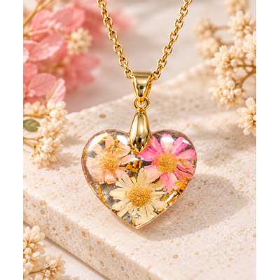 Collier fleur avec pendentif cœur en résine et chaîne dorée