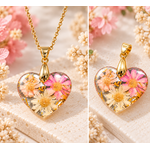 Pendentif cœur floral en résine avec fleurs roses et crème