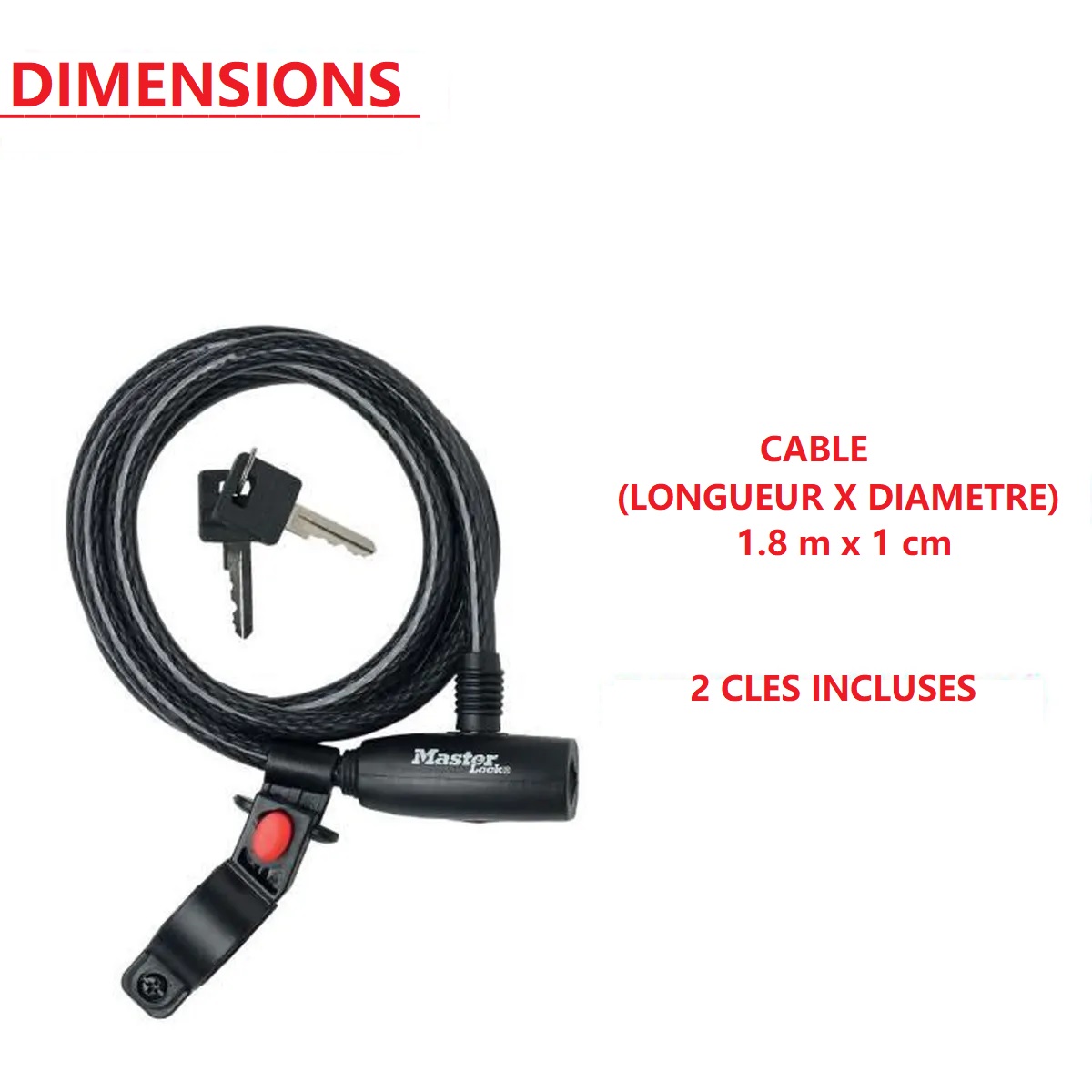 Master Lock Antivol Vélo Câble de 1.8 m avec Support de Fixation Dimensions et clés