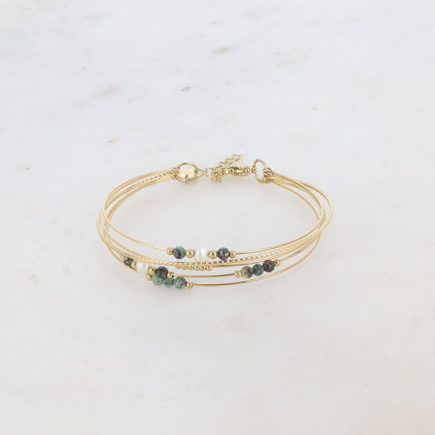 Bracelet Jonc En Laiton Avec Agates Tissées - Style Bohème - Rouge Garance