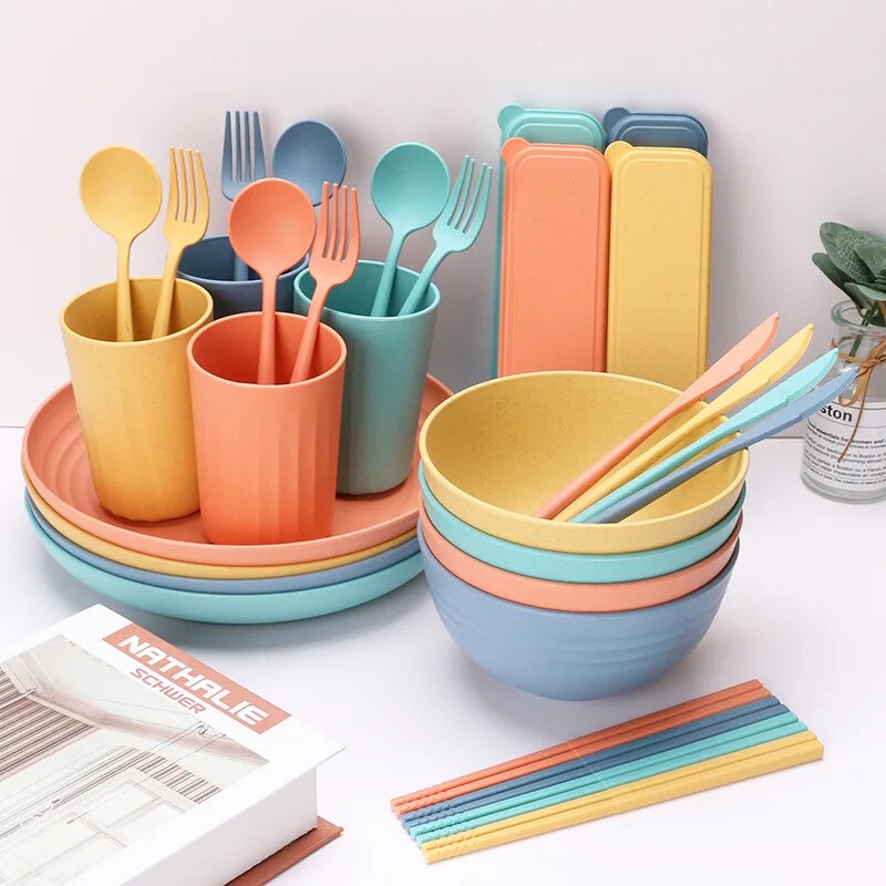 Wheat-Straw-Bowl-Saucers-32-Piece-Tableware-Set-Portable-Knife-Fork-and-Spoon-Chopsticks-Microwaveable-Tableware